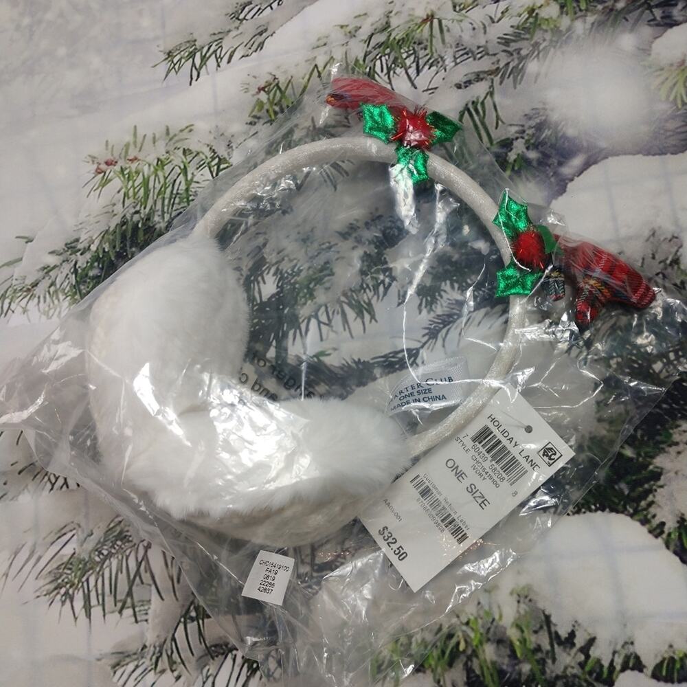 NWT Charter Club Holiday Lane Ivory Reindeer Plaid Antler Earmuffs - Picture 4 of 10